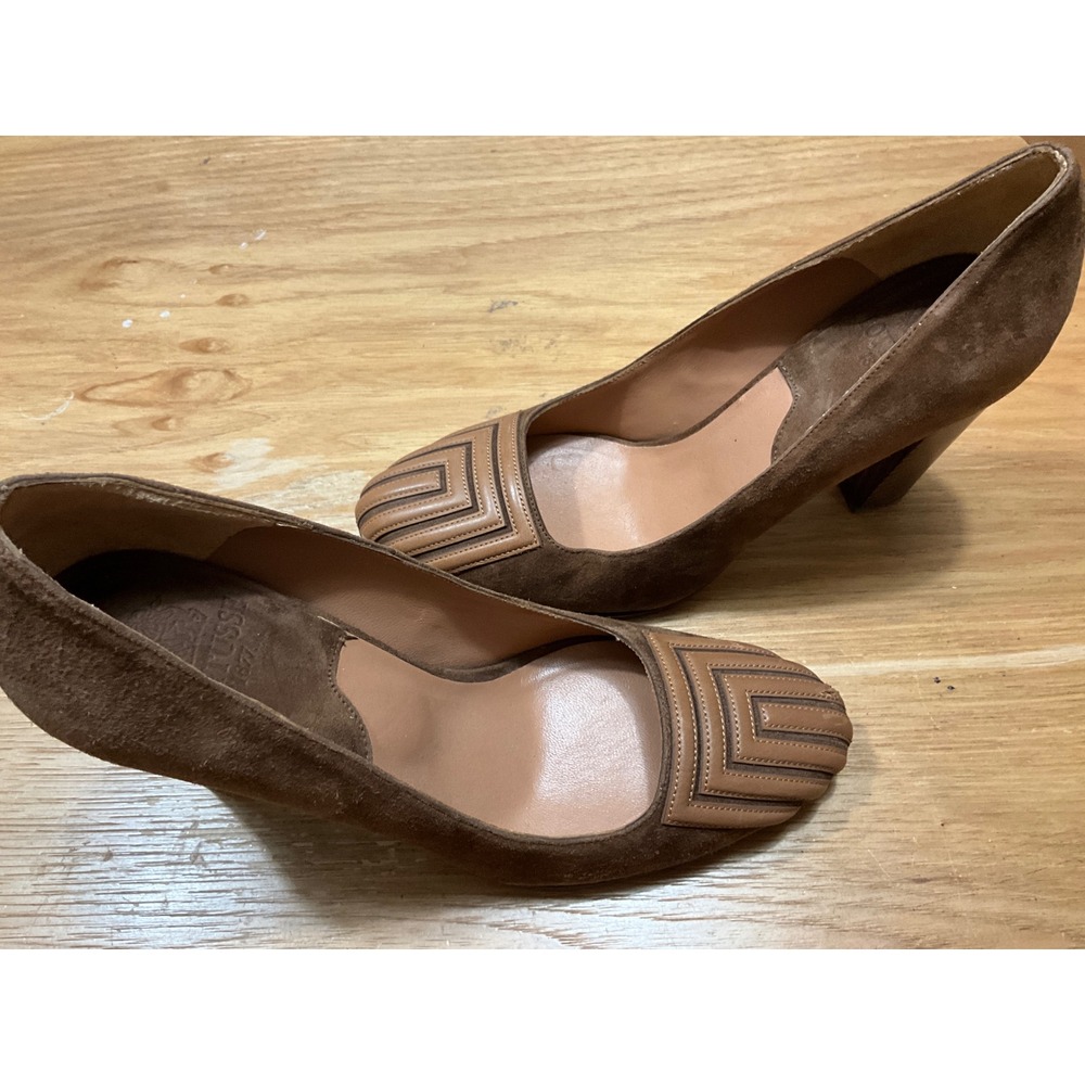 Lottusse 1877 Brown Suede Geometric Leather Toe Block Heel Size 38 check pics